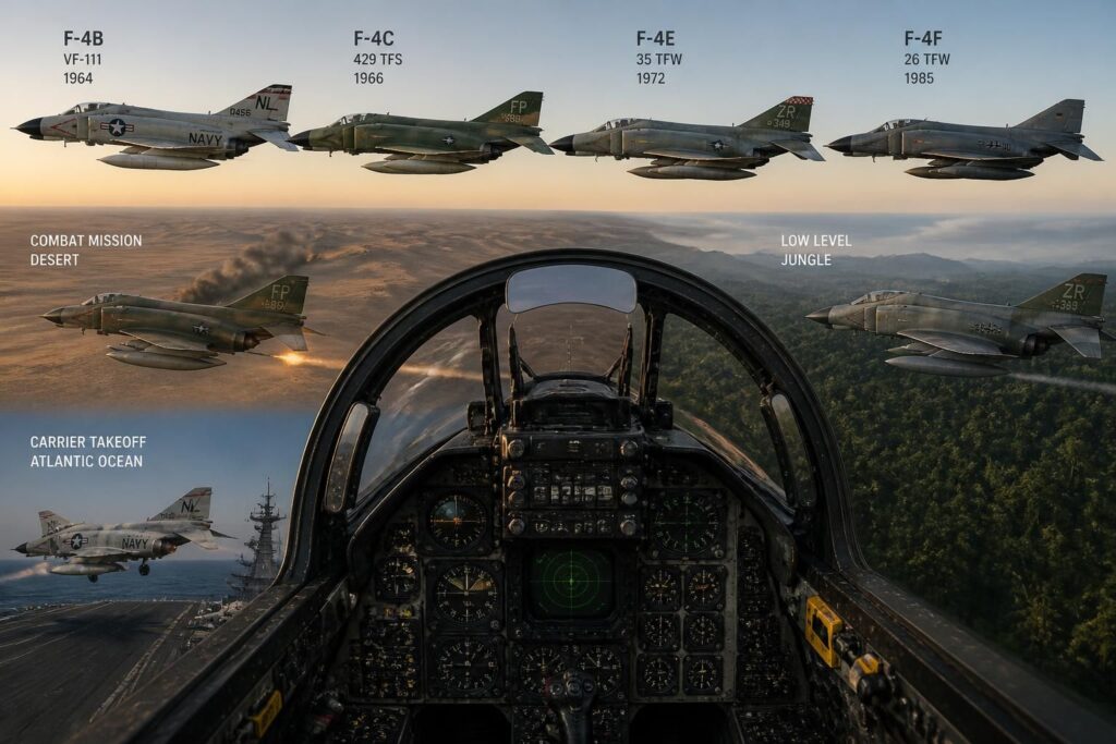 découvrez les différentes versions du f4 phantom, son cockpit emblématique et son utilisation militaire à travers le monde, un avion de chasse légendaire.