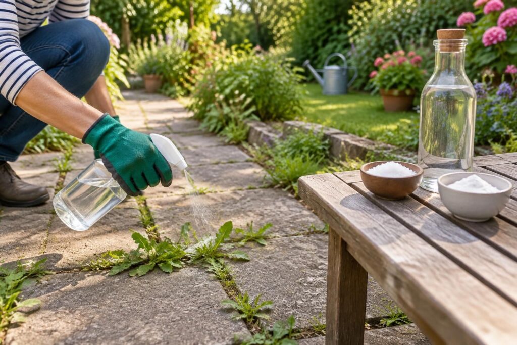 découvrez comment désherber naturellement avec du vinaigre blanc, du sel et du bicarbonate grâce à des astuces simples pour limiter les mauvaises herbes.